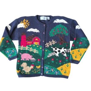 Vintage Farm Scene Hand Knit Cardigan Sweater Large Teachercore Amish Farmer